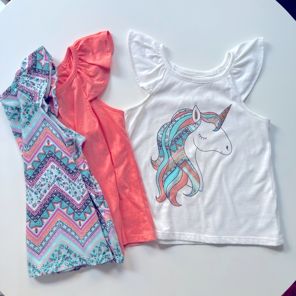 The Children's Place Shirt Bundle Set of 3 Ruffle Tees Unicorn, Coral, Striped